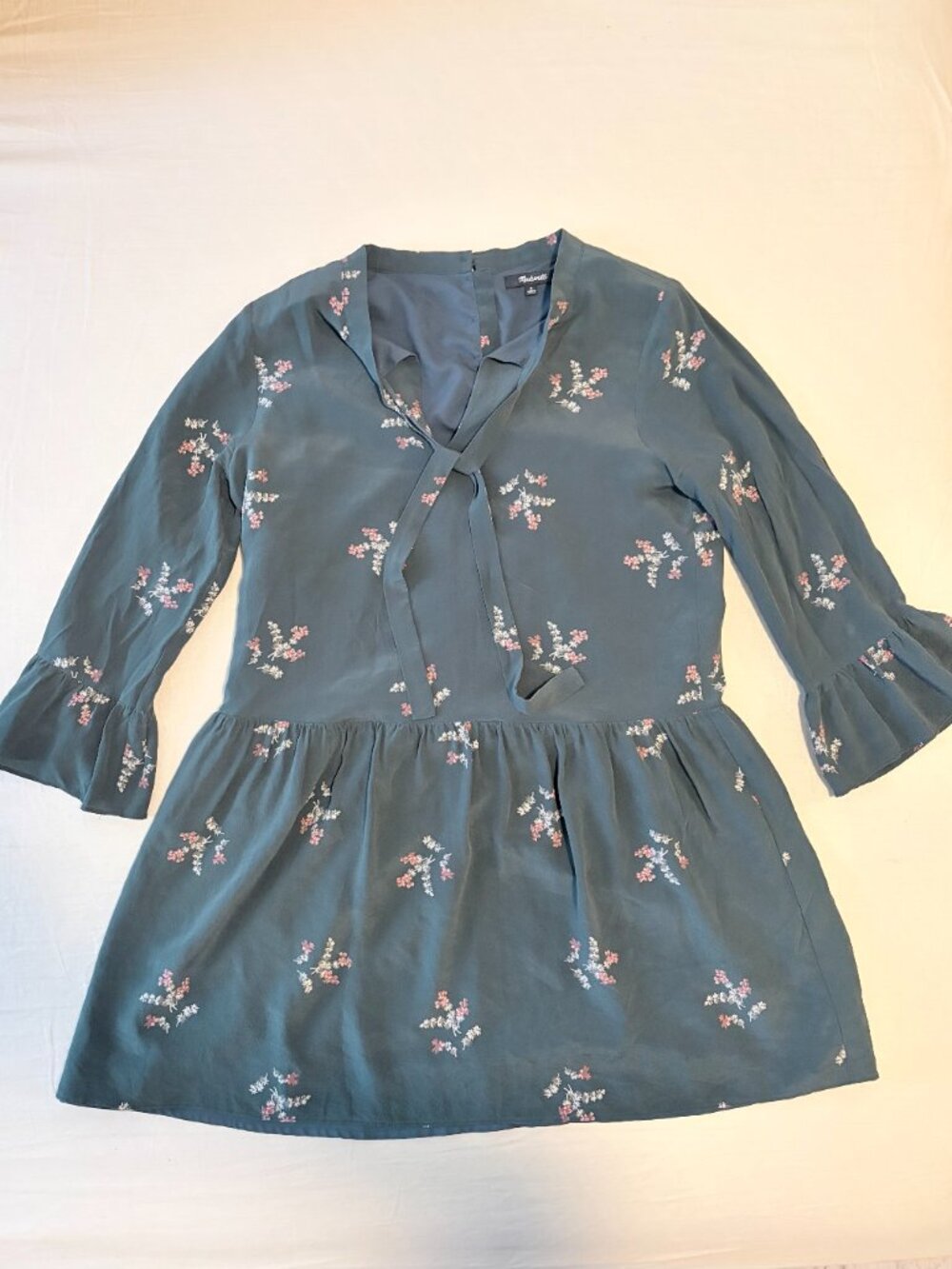 Madewell 100% Silk Dark Green Floral Drop Waist Dress, size M
